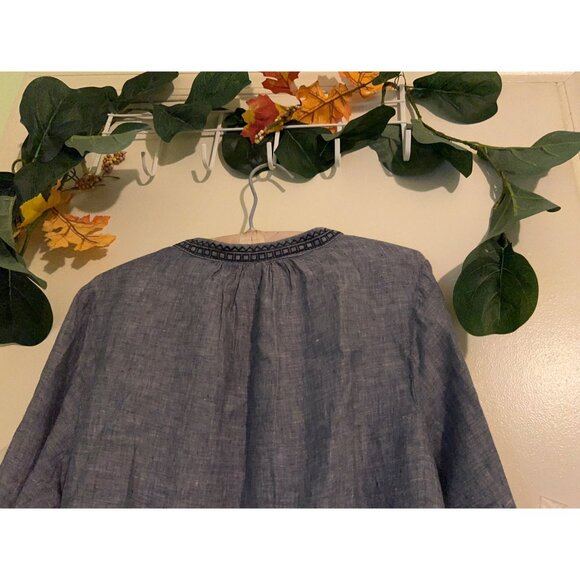 Artisan NY 1X 100% Linen Tunic Top Blue Long Sleeve Embroidered Boho Peasant Blo - Picture 12 of 13